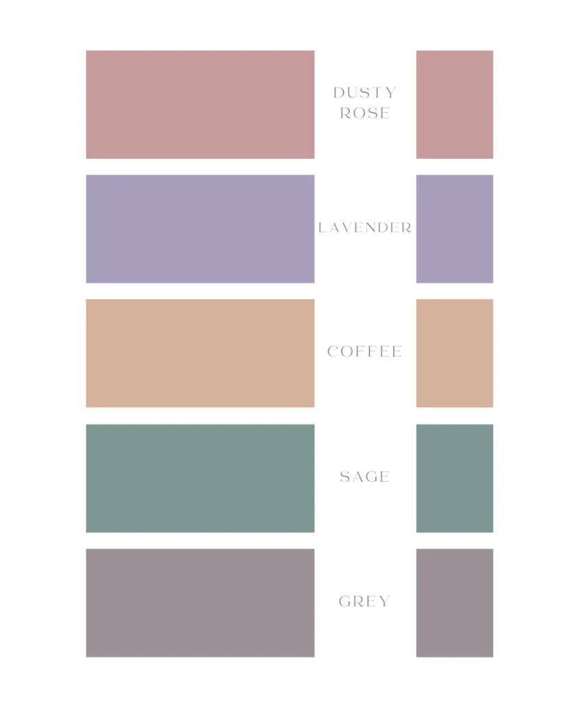 Dress code color inspiration: dusty rose, lavender, coffee, sage, and grey